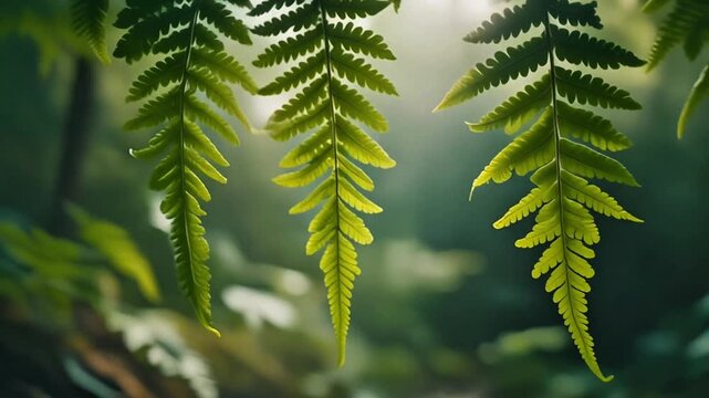 Close-up aerial view of lush green fern leaves in forest, Slow motion video footage, 4k clip