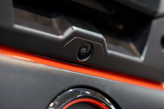 Close up of rear view camera on car trunk