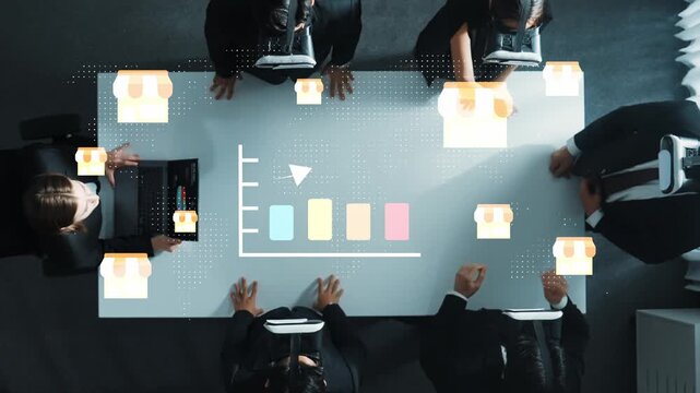 Modern Business Meeting with Virtual Reality Technology Enhancing Data Analytics and Team Collaboration in Office Environment Gluon.