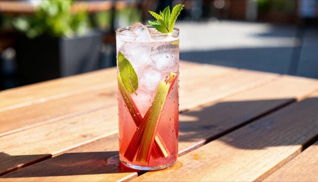 refreshing sparkling rhubarb lemonade with ice and mint for spring drink business