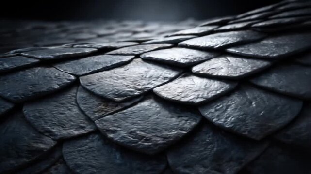 Close-up of overlapping, textured scales, possibly of a mythical creature. Dark, dramatic lighting