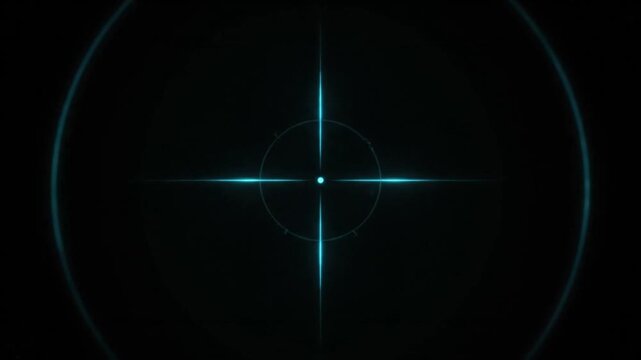 A single bright light expands into a glowing blue crosshair with a central dot and concentric circle against a dark background, evoking a futuristic targeting display.