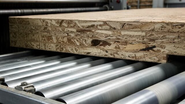 Side view medium shot capturing multilayer mat assembly with overlapping wood strands preparing durable oriented strand board panels.