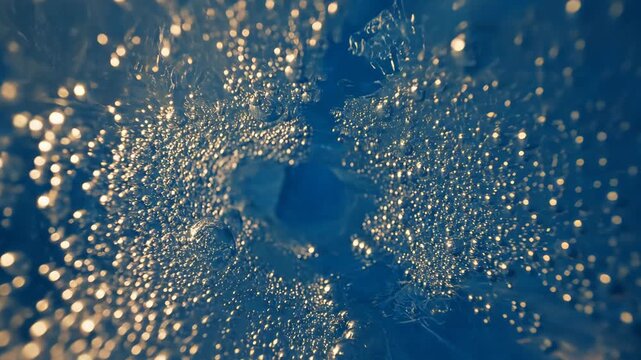 Close-up macro view of sparkling ice crystals with a deep blue hue and golden light reflections creating an abstract icy texture pattern