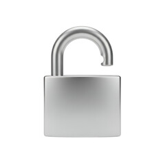 Naklejka premium Rendered metal padlock, open, against a black background. Minimalist style, security symbol