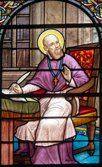 Stained glass (1916) of Saint Francis de Sales. Doctor of the Catholic Church, founder of the Order of the Visitation.