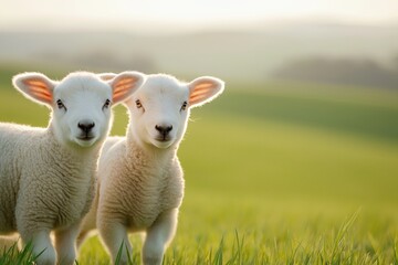 Fototapeta premium Two innocent lambs looking into the camera, standing in green grass during a tranquil sunrise on a farm