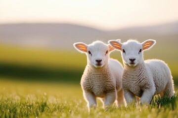 Fototapeta premium Two small, fluffy lambs standing side by side in a vibrant green meadow, looking at the viewer. Spring animals on a farm