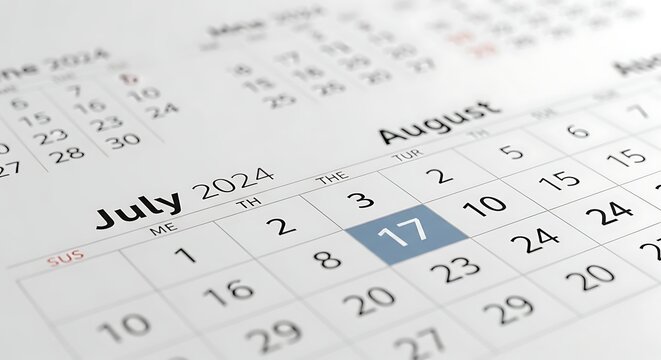 Close-up view of a calendar page highlighting the date August 17, 2024, with a blurred background and sharp focus on the selected day.
