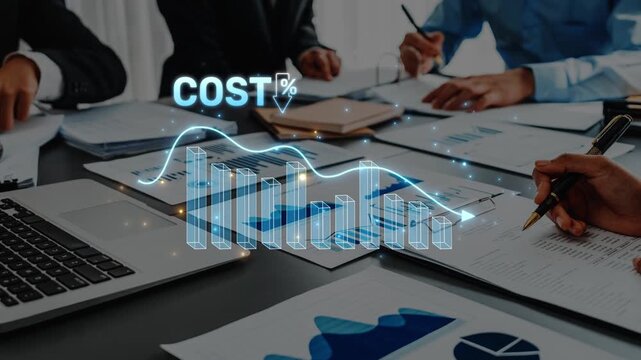 A business meeting in a modern office where professionals analyze financial graphs, charts, and cost data to devise effective strategies for growth and success. Raster