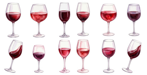 Naklejka premium A charming watercolor collection of red wine glasses, including classic goblets and swirling wine splashes.