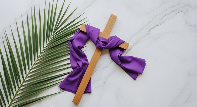 Holy saturday reflection cross with purple ribbon and palm leaves symbolizing easter vigil and resurrection hope