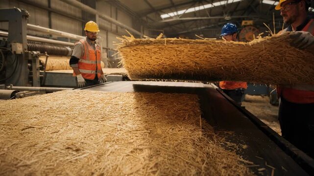 Medium shot of workers spreading fine wood strands evenly to create smooth mats for oriented strand board manufacturing in an industrial setting.