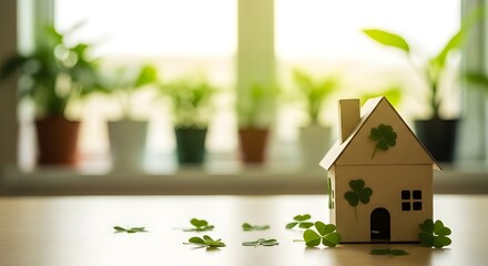 Fototapeta premium St patricks day home decor with green plants and miniature house