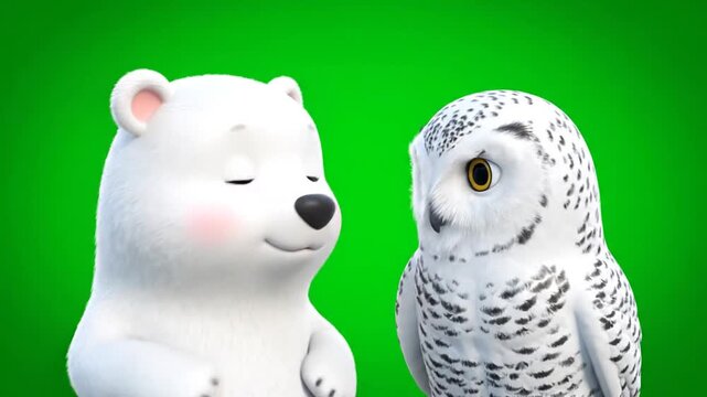 3D Kawaii White Bear and Snowy Owl Character Duo on Green Screen Background Cute Cartoon Style Animation for Kids