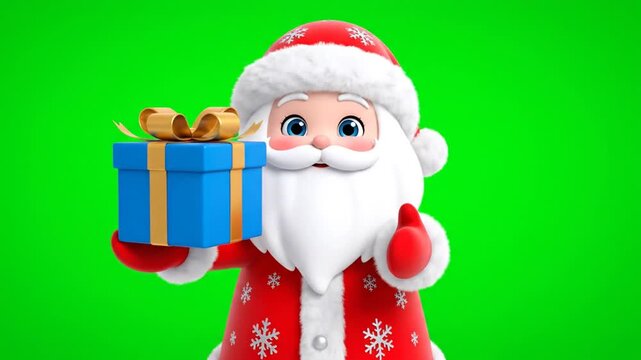 3D Kawaii Santa Claus with Blue Gift Box on Green Screen, Cheerful Holiday Icon, Animated Christmas Figure for Festive