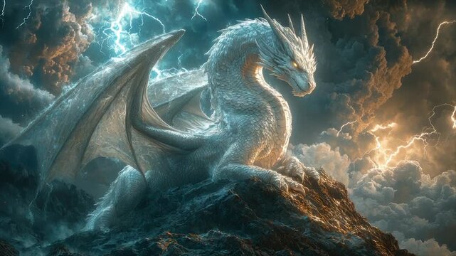 Majestic white dragon atop a mountain peak, amidst a dramatic storm with lightning