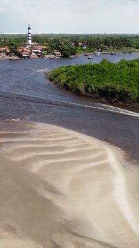Mandacaru Island At Lencois Maranhenses Maranhao Brazil. Natural Freshwater Lagoon Nestled Between White Sand Dunes. Paradise Island Landscape Peaceful Vibrant. Paradise Island Waterfront Coast.