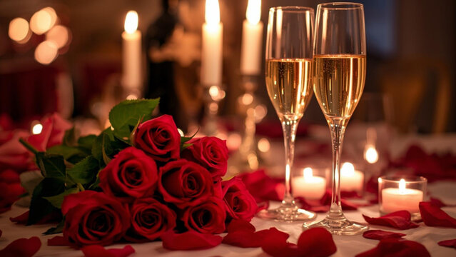 Romantic Still Life with Two Champagne Flutes, a Bouquet of Red Roses, and Scattered Petals by Soft Candlelight
