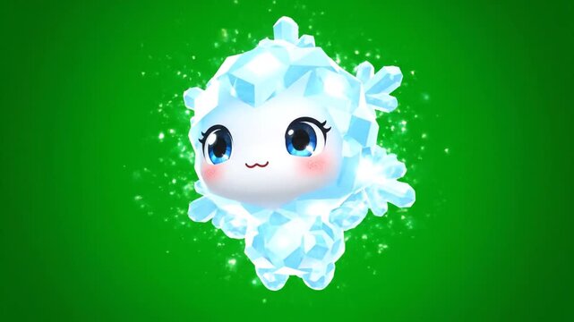3D Render of Sparkling Ice Character on Green Screen Background, Kawaii Style, Animated, Cute, Isolated, Perfect for