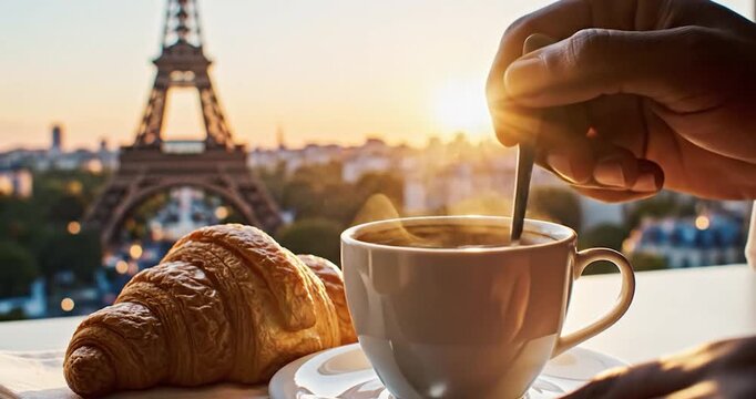 Breakfast in Paris with Eiffel Tower view at golden hour