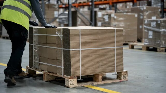 Medium shot of a worker manually stacking bundled flat cartons onto a wooden pallet in a warehouse ensuring careful alignment for shipping preparation.