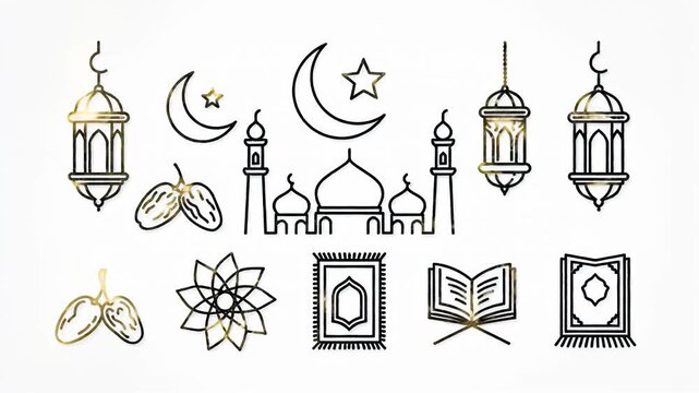 Minimalist black outline of mosque, crescent moon and star