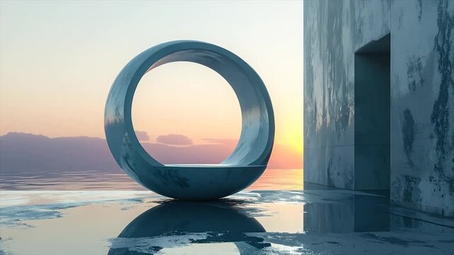 A concrete ring-shaped sculpture reflects in water, with a wall and sunset