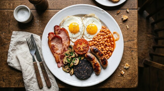 Traditional Full English Breakfast with Eggs Sausage and Beans