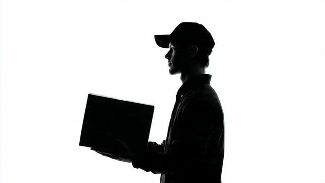 Silhueta de entregador segurando caixa sobre fundo branco conceito logistica e delivery