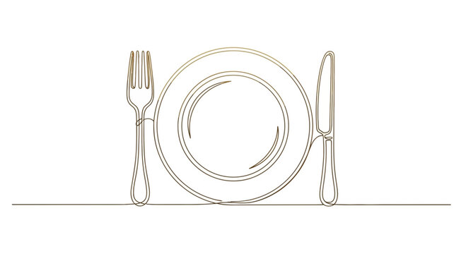 Elegant Gold Line Art of Plate, Fork, and Knife on White Background - Minimalist Dining Setup
