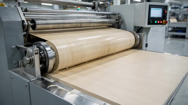Medium shot of roll coaters applying adhesive evenly on wooden veneers at an automated control station in a modern manufacturing environment.