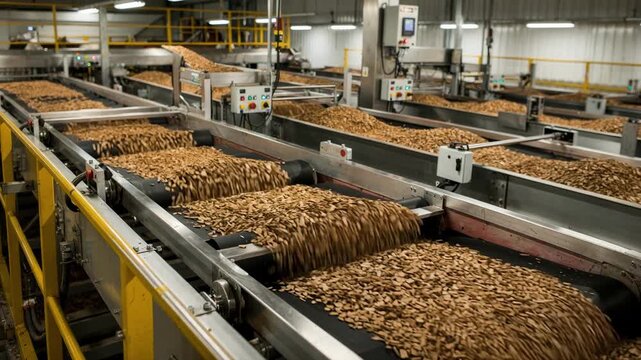 Medium shot of wood chips being transported on indoor conveyors showcasing industrial processing with automated systems for consistent chip preparation.