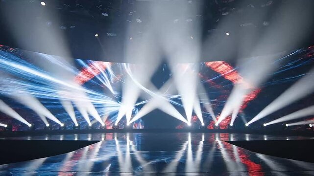 Modern T V Studio Set with Bright Stage Lights and Red Diamond Centerpiece for and Live Events Production