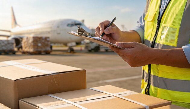 A logistics worker in a safety vest checks documents on a clipboard with cargo boxes and an airplane in the background.