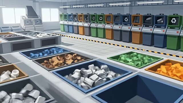 Cartoon illustration shows materials for recycling inside a sorting facility