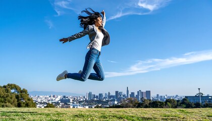 Plakat Woman leaping joyfully in open field with distant city view representing active happy lifestyle