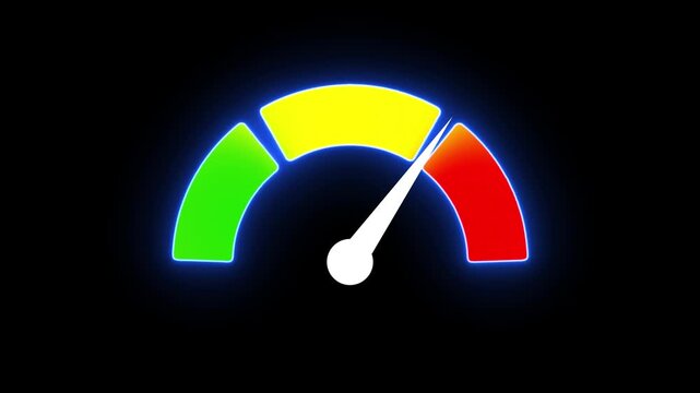 Colorful gauge meter with green, yellow, and red sections on black background, progress indicator, status symbol, infographic