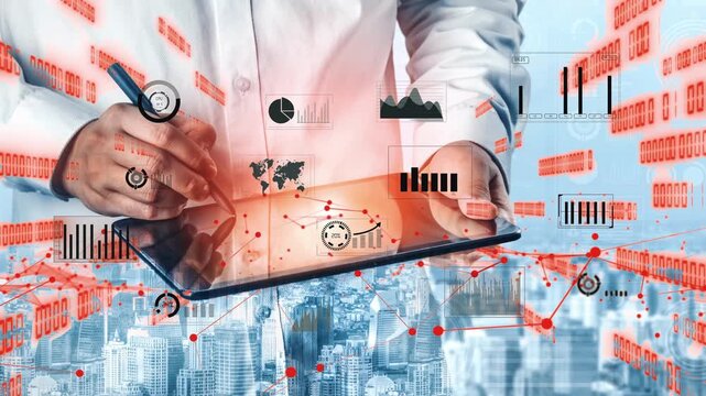 A businessman engages with digital analysis on a tablet, surrounded by overlaid graphs and charts against an urban backdrop, showcasing data-driven insight. Xenic