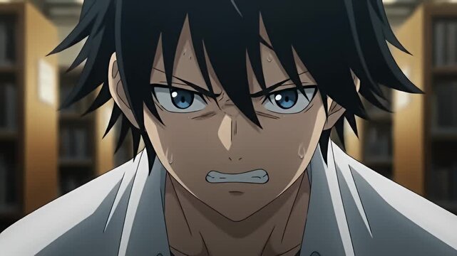 Anime guy stares intensely, with library bookshelves blurred in the background