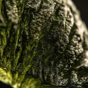 Moldavite texture, rough green tektite (meteorite impact glass), wrinkled surface, extraterrestrial concept