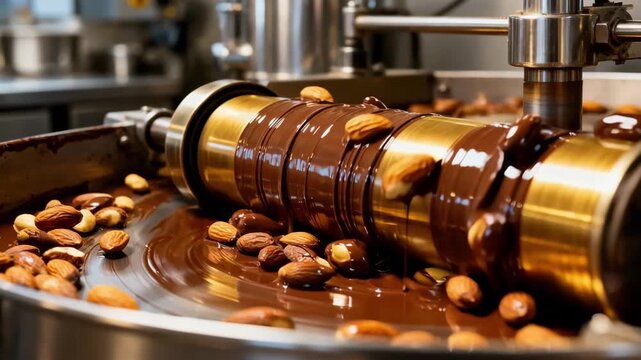 Medium shot of chocolate panning process showcasing glossy chocolate coating being evenly applied over nuts in a rotating drum for a shiny finish.