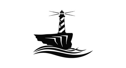 Black Silhouette Vector Icon of a Lighthouse on a Coastal Cliff with Ocean Waves - Navigational Beacon Graphic