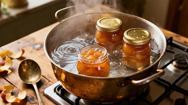 Closeup medium shot capturing jars of homemade jam bubbling gently in a water bath on a cozy kitchen stove showcasing traditional fruit preservation techniques.