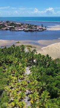 Porto Seguro Skyline At Porto Seguro In Bahia Brazil. Beach Landscape. Beautiful Coastline. Travel Destination. Porto Seguro Skyline In Porto Seguro In Brazil. Mangrove Sand Bank. Brazil Northeast.