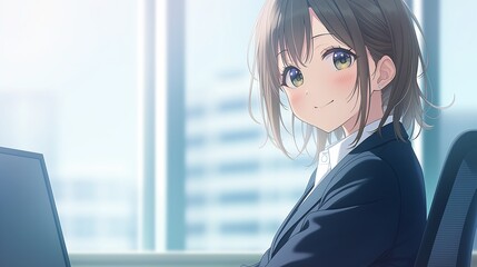 オフィスで仕事をするアニメ調の日本人美少女