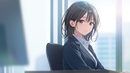 オフィスで仕事をするアニメ調の日本人美少女