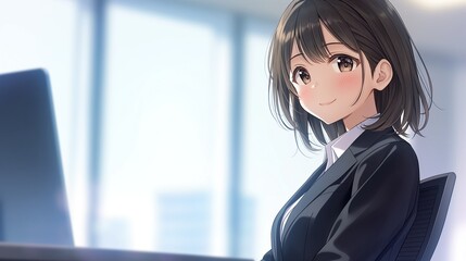 オフィスで仕事をするアニメ調の日本人美少女