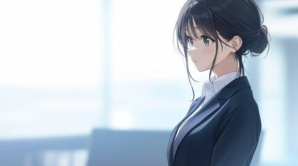 オフィスで仕事をするアニメ調の日本人美少女