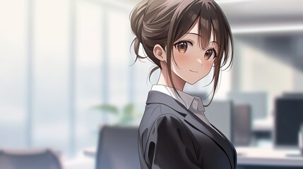 オフィスで仕事をするアニメ調の日本人美少女